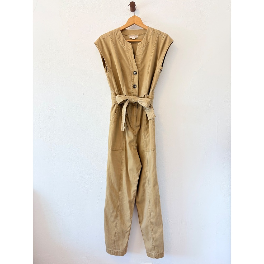 Knox Rose Jumpsuit Women S Tan Khaki Utility Button Front Tie Waist Sleeveless